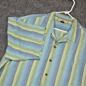 Tommy Bahama Mens XL Silk Camp Shirt Blue Green Stripe Short Sleeve Button Up